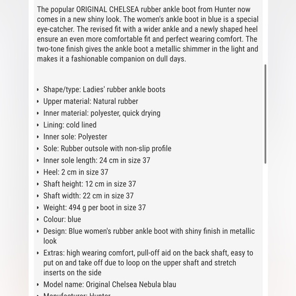 Hunter Nebula Blue Iridescent Wellington Original Chelsea Boot W5/Kids 3 - Picture 2 of 12